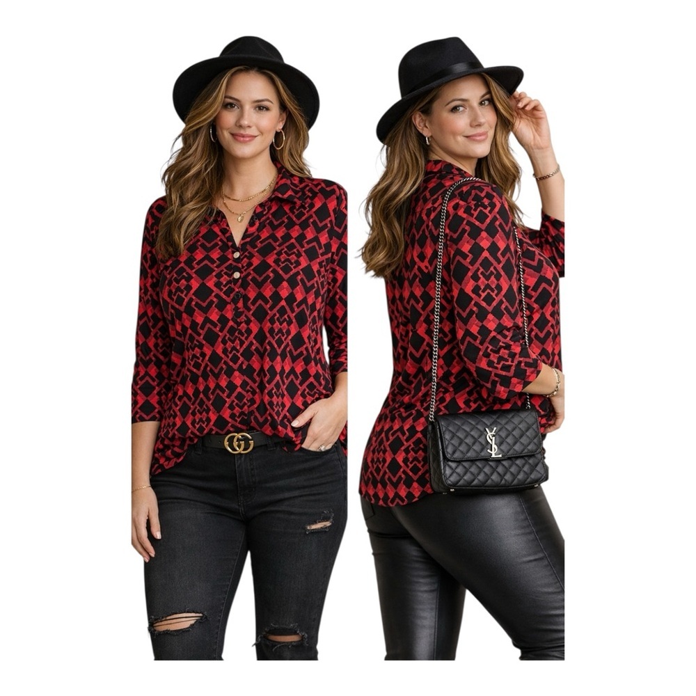 Alfani 2X Red Black Geometric Blouse 3/4 Sleeve Button Front
